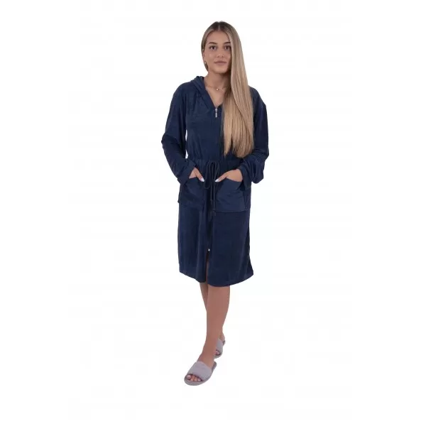 Dames jersey badjas  met ritssluiting en capuchon Marineblauw