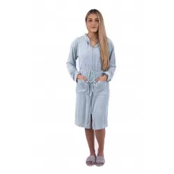  Dames Jersey Badjas met Ritssluiting en Capuchon – Lichtblauw/Mint