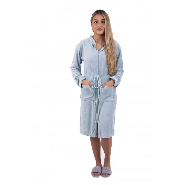 Dames Jersey Badjas met Ritssluiting en Capuchon – Lichtblauw/Mint